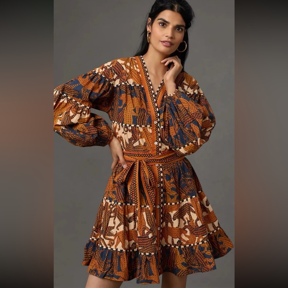 FARM Rio Orange & Blue Printed Long Sleeve Tiered Mini Dress
